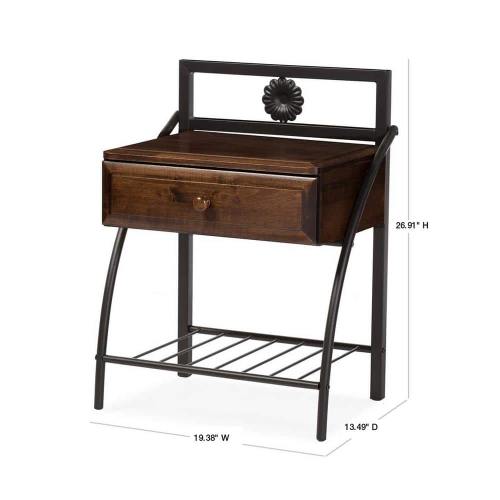 Jevenci Vintage Industrial Black Metal and Wood Nightstand with Drawer