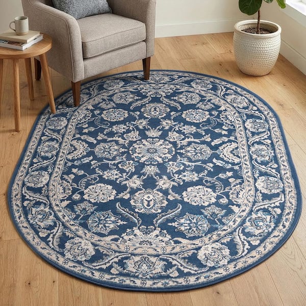 Madison Floral Dark Blue 5 ft. x 8ft. Oval Indoor Area Rug