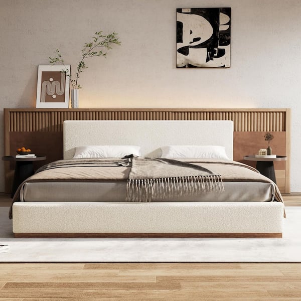 Tafton Elegant Beige White Boucle Fabric Upholstered Solid Wood Frame Queen Size Platform Bed with Headboard