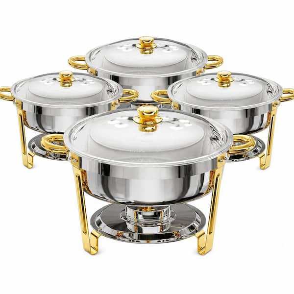 6 qt Round Stainless Steel Chafing Dish Buffet Set in Gold and Silver for Parties, 4 Pack