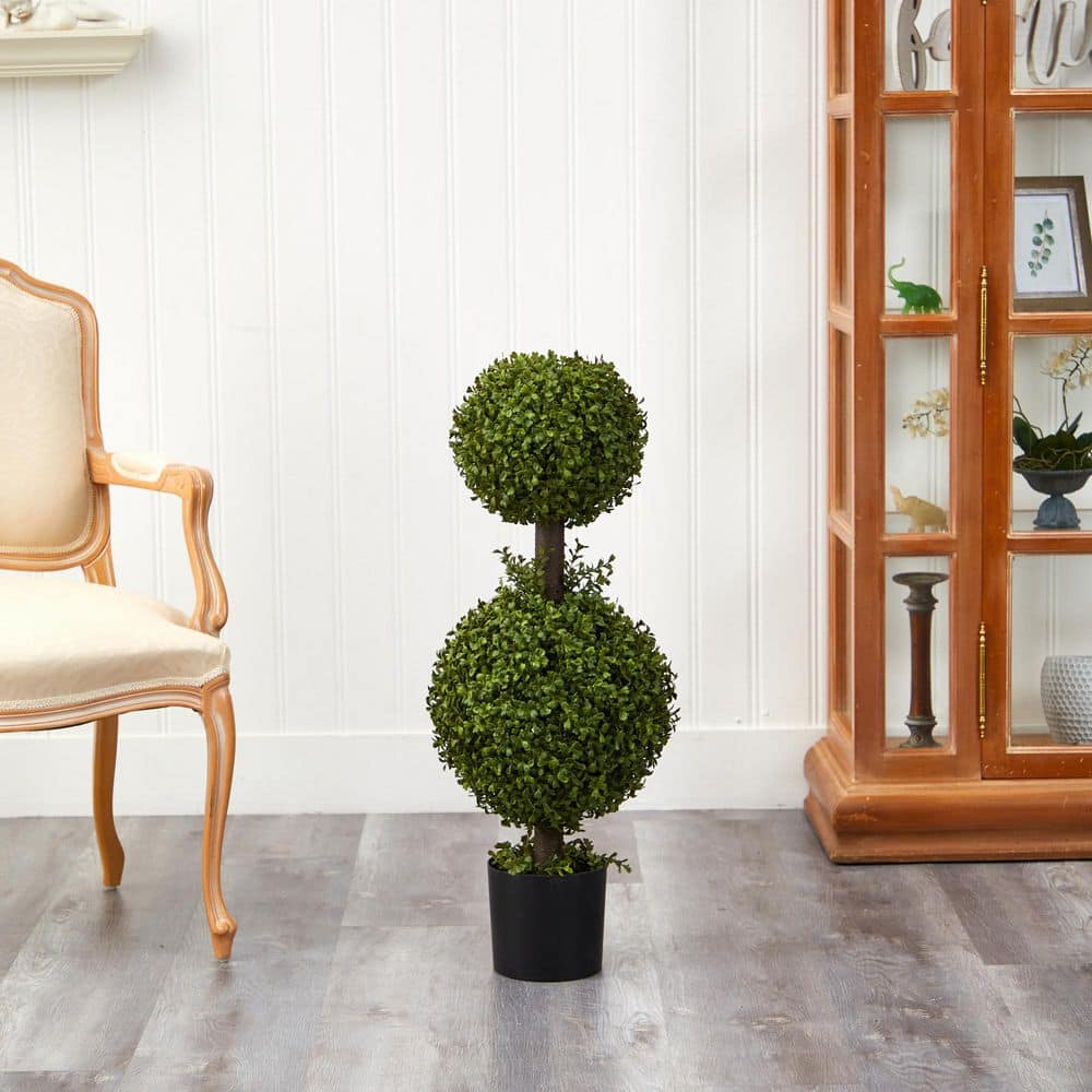35" Green Double Boxwood Topiary in Black Pot