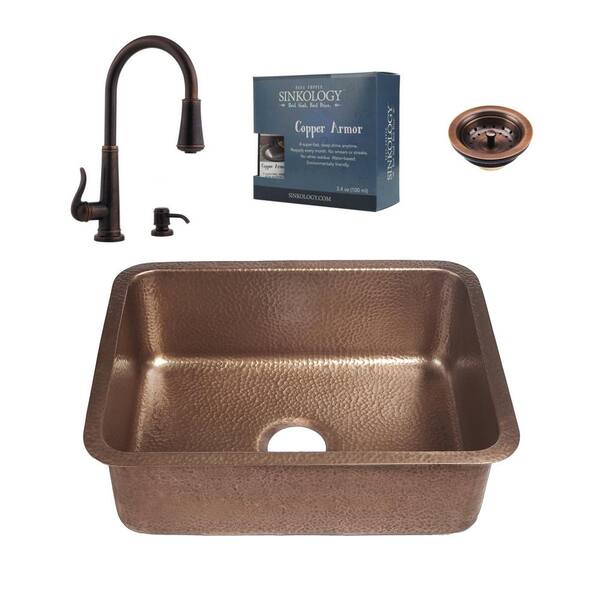 SINKOLOGY Renoir Undermount Copper All-in-One 23 in. Single Bowl Kitchen Sink with Pfister Ashfield Faucet and Strainer in Bronze