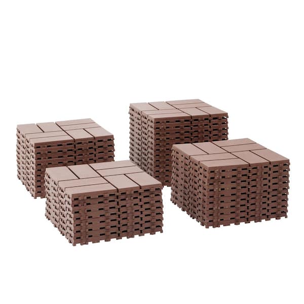 Unbranded 12 in. x 12 in. Brown Plastic Interlocking Deck Tiles, Square Waterproof Outdoor All Weather Use (44-Pack)
