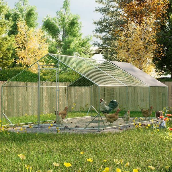 10 ft. L x 20 ft. W x 6.3 ft. H Large Walk-in Metal Chicken Coop Run with Waterproof Cover