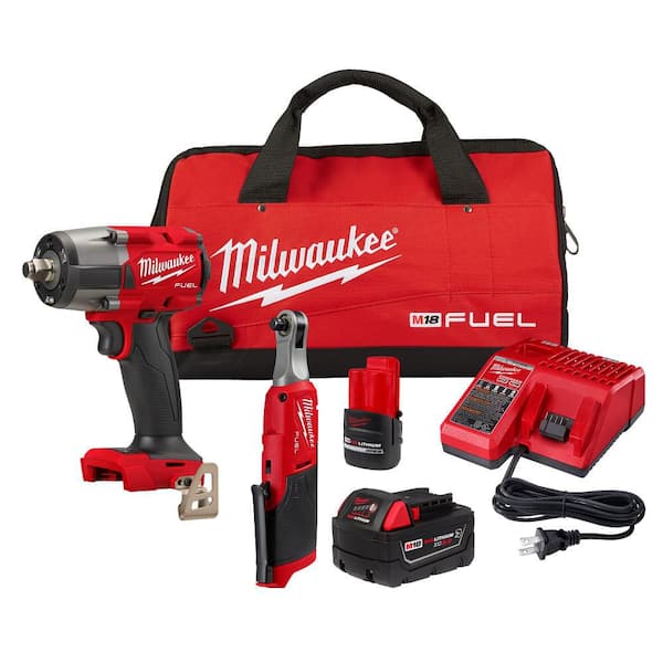Milwaukee M18 FUEL 18V Cordless Mid Torque Impact Wrench and M12 FUEL Ratchet Combo Kit
