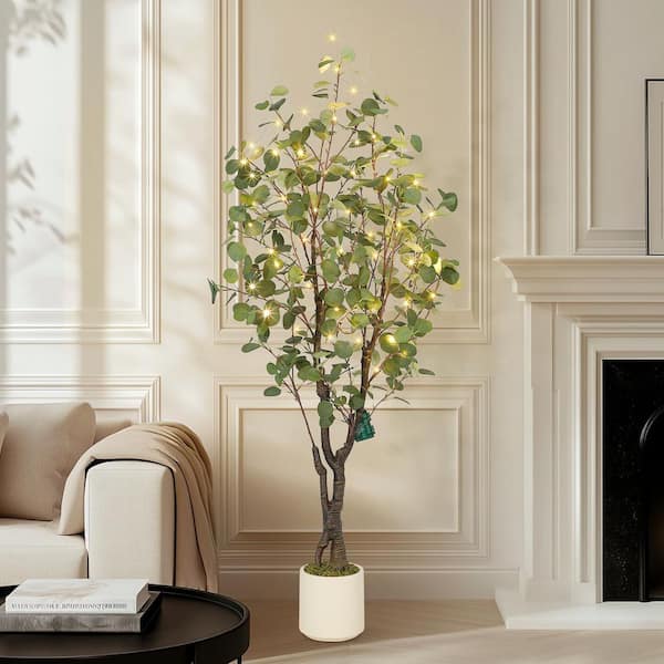 Unbranded 5 ft. Artificial Eucalyptus Tree In Pot, Tall Large Faux Floor Plant Fake Silk Trees with 50 Lights Artificial Trees