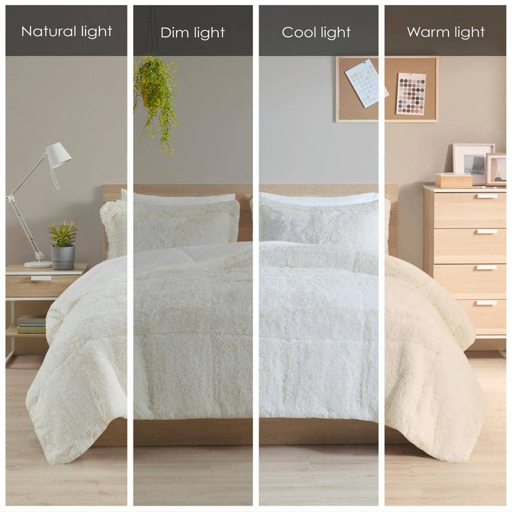 Full White Shaggy Faux Fur Comforter Set
