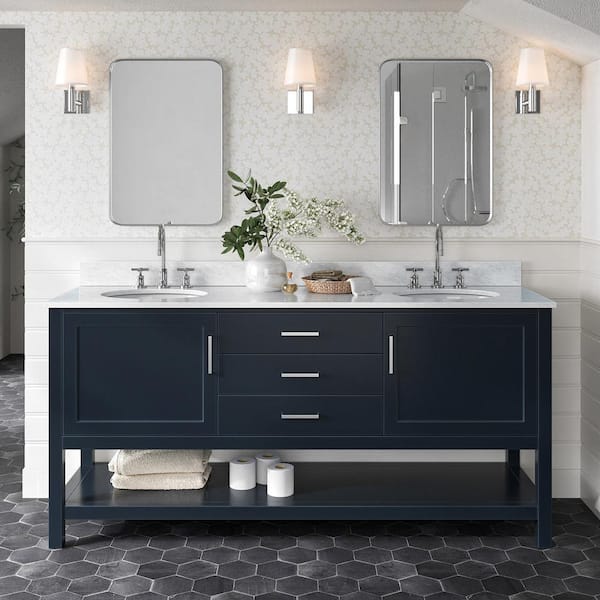 ARIEL Bayhill 73 in. W x 22 in. D x 35.25 in. H Bath Vanity in Midnight Blue with Carrara White Marble Top