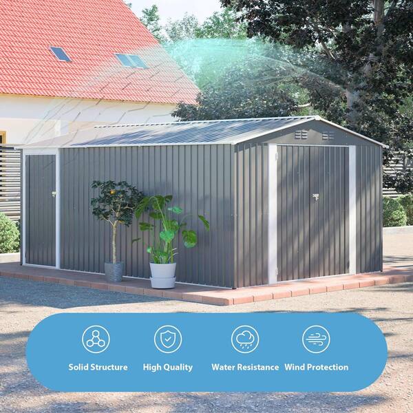VAMOP 10 ft. W x 14 ft. D Metal Shed with 3 Lockable Doors, Side