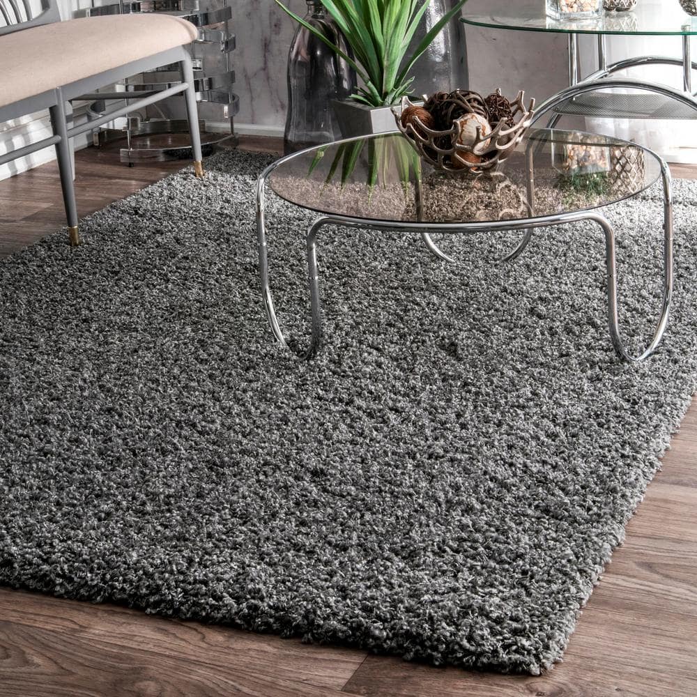 Luxurious Gray Shag 10' x 14' Synthetic Area Rug for High-Traffic Spaces