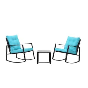 Black 3-Piece Wicker Outdoor Bistro Set Rocking Chairs with Blue Cushion