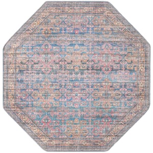 Nostalgia Bliss Antique Blue 5 ft. 3 in. x 5 ft. 3 in. Machine Washable Area Rug