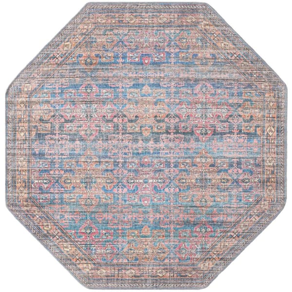 Unique Loom Nostalgia Bliss Antique Blue 5 ft. 3 in. x 5 ft. 3 in. Machine Washable Area Rug