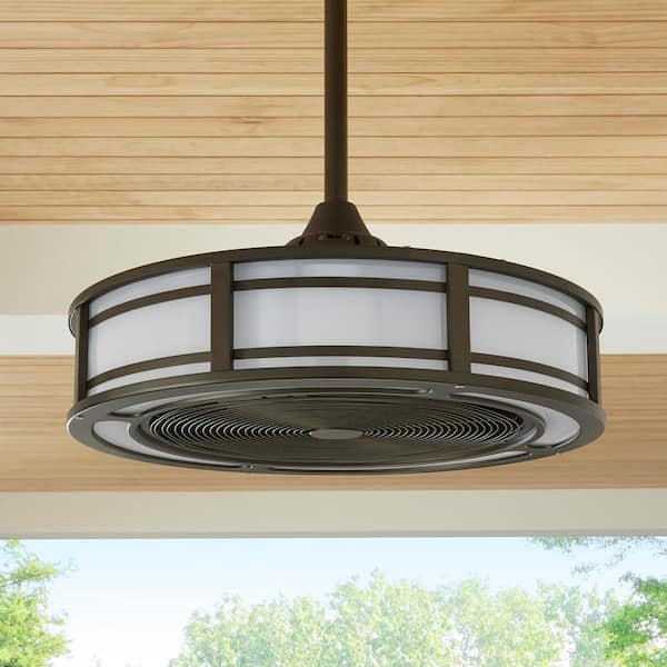 Modern Indoor Outdoor Ceiling Fan Bronze Drum Enclosed LED Light Remote Control 