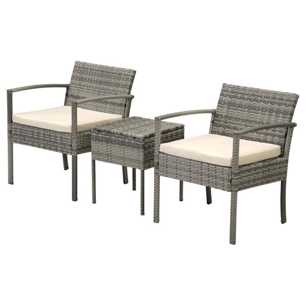 3-Piece Gray Wicker Outdoor Bistro Table with Beige Cushions and 2 Chairs f