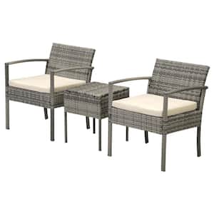 3-Piece Gray Wicker Outdoor Bistro Table with Beige Cushions and 2 Chairs for Backyard, Poolside, Garden