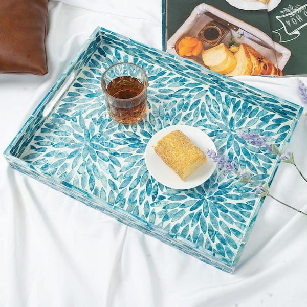Blue Lacquer Mother of Pearl Inlay Mosaic Serving Tray (15.7 in. x Blue Lacquer Mother of Pearl Inlay Mosaic Serving Tray (15.7 in. x
