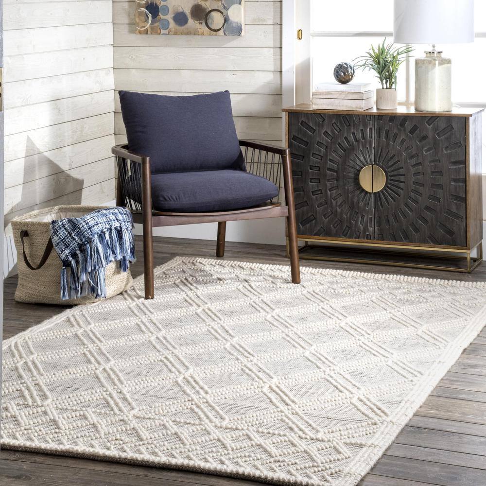 Handmade Beige Wool Trellis Tufted Rectangular Rug