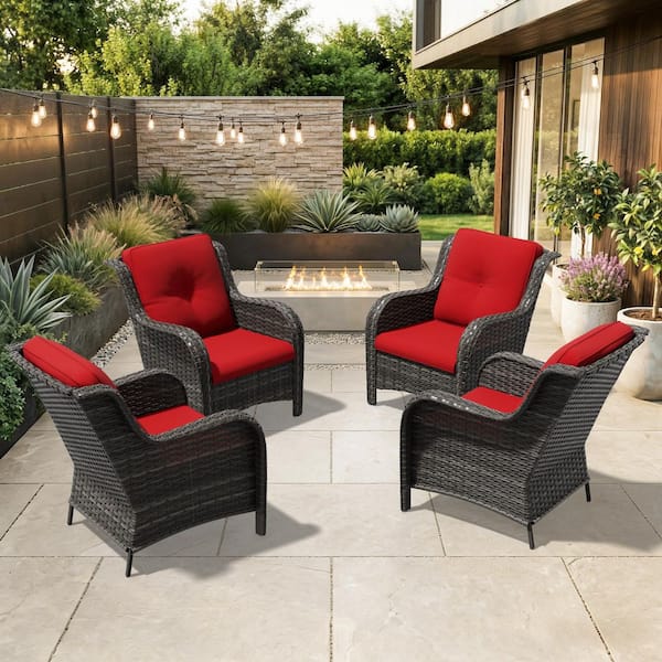 4-Piece Ergonomic Arm Patio Wicker Outdoor Lounge Chair with Thick Red Cushions