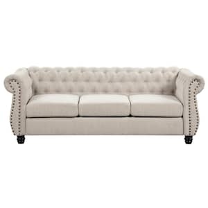Chesterfield Large Couch 83 in. Rolled Arm Chenille Rectangle Deep Seat for Living Room and Office Sofa in Beige