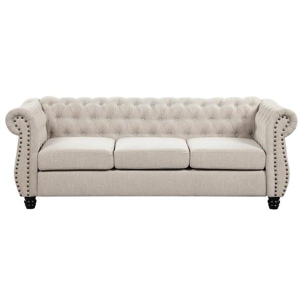 Morden Fort Chesterfield Large Couch 83 in. Rolled Arm Chenille Rectangle Deep Seat for Living Room and Office Sofa in Beige