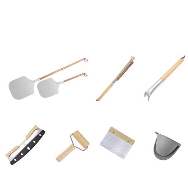 7-Piece Pizza Tool Set Includes Pizza Peel, Oven Brush, Bubble Popper Turner, Rocker Cutter, Dough Roller and Scraper