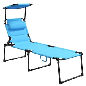 Modern Foldable Metal Outdoor Chaise Lounge with Adjustable Backrest, Sunshade Roof & Pillow Headrest in Blue Cushions