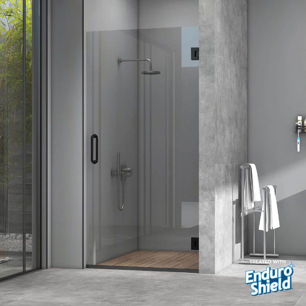 28" x 80" Frameless Clear Glass Pivot Shower Door with Matte Black Hardware