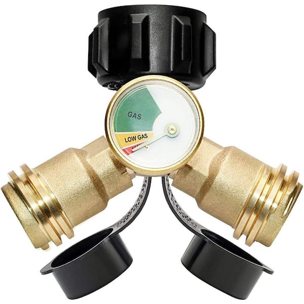 Propane Splitter Adapter with Gauge 2 Way LP Gas Tee Connector for 20lb Tank BBQ Grills Camping Stoves Heaters