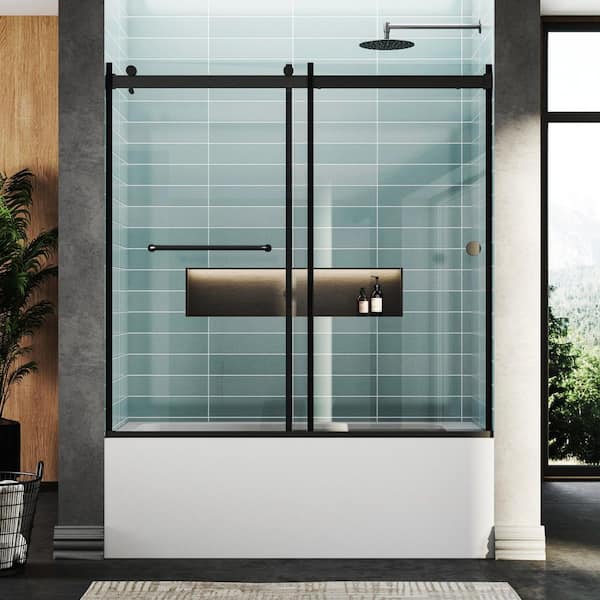55 to 60 in. W x 56 in. H Sliding Frameless Tub Door in Matte Black with Explosion-Proof Film Tempered Clear Glass