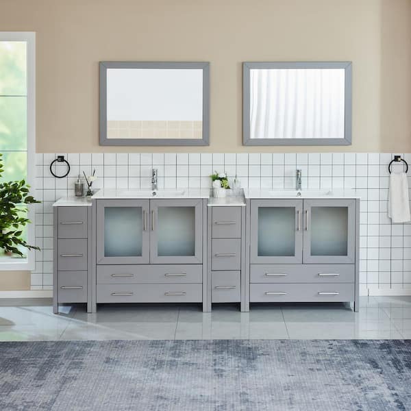 Vanity Art Brescia 96 in. W x 18 in. D x 36 in. H Bathroom Vanity in Grey with Double Basin Top in White Ceramic and Mirrors