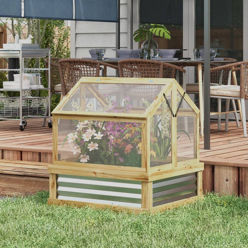 Natural Fir Wood Raised Garden Bed with Polycarbonate Greenhouse