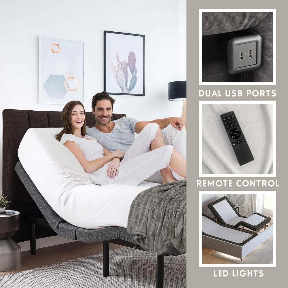 King Adjustable Black Metal Upholstered Bed Frame with Wireless Remote
