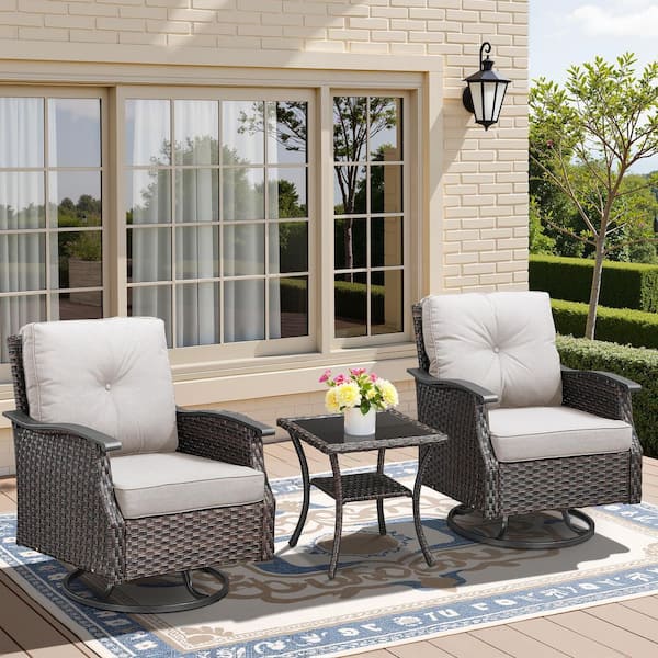 Buenaola Nyajiah 3-Piece Dark Brown Swivel Wicker Outdoor Lounge Chair Set with Beige Cushions and 1-Side Table