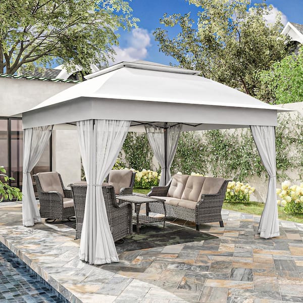 JOYSIDE 11 ft. x 11 ft. White Steel Pop-Up Gazebo with Mosquito Netting