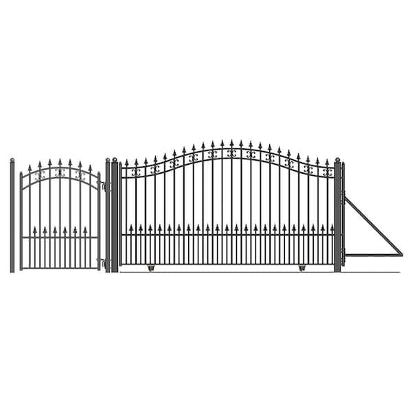 ALEKO 23 ft. x 6 ft. x 18 ft. Black Steel Single Sliding Driveway Gate St. Louis Style with Pedestrian Gate 5 ft. Fence Gate