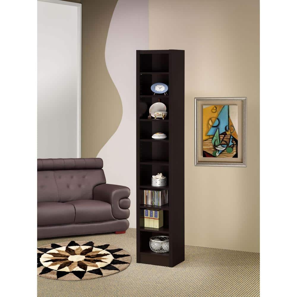 Cappuccino Brown Adjustable 9-Shelf Narrow Bookcase