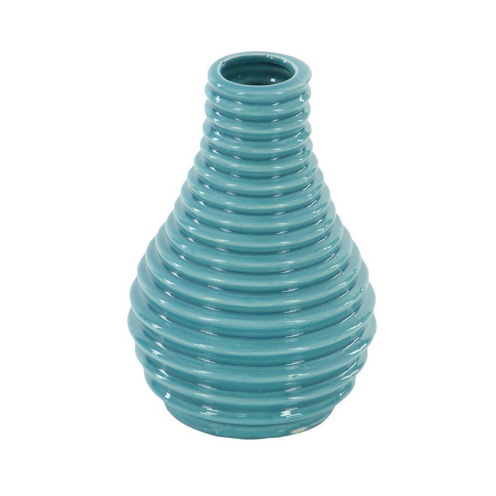 Modern Blue Ceramic Trio Vase Set with Textured Embellishments