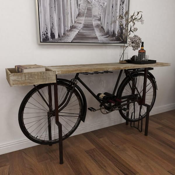 Litton Lane Black 1 Shelf Bike Bar with Brown Wood Top 29446 The