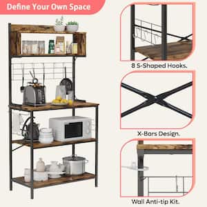 Rustic Brown 5-Shelf Wood 31.5 in. Kitchen Baker's Rack with Microwave Oven Stand, Storage Shelves and 8 S-Hooks