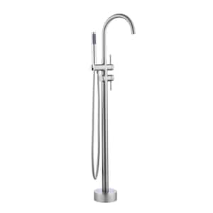 2-Handle Freestanding Tub Filler 360-Degree Swivel Spout Floor Mount with Shower Head in Brushed Nickel
