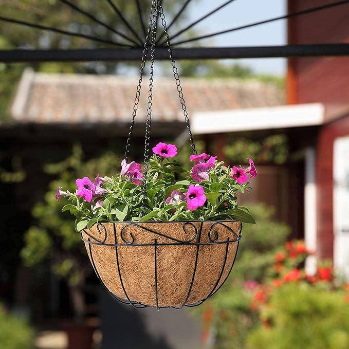 12-Inch Black Metal Hanging Planter Basket with Coco Liner, 2-Pack
