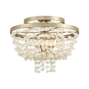 Stonybrook 30 in. 6-Light Harvest Gold Shaded Flush Mount with Natural Stones Shade and No Bulbs Included