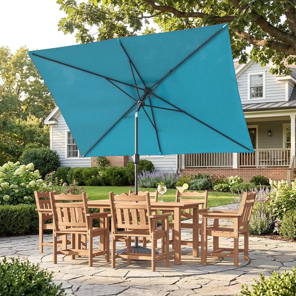 blue patio table umbrella Kozyard 10' Offset Cantilever Hanging Large Market Style for Outdoor Balcony or Large Garden Terrace (Blue) Simple crank handle for easy opening/closing Sonkuki 11-ft Aluminum Blue Slide-tilt
