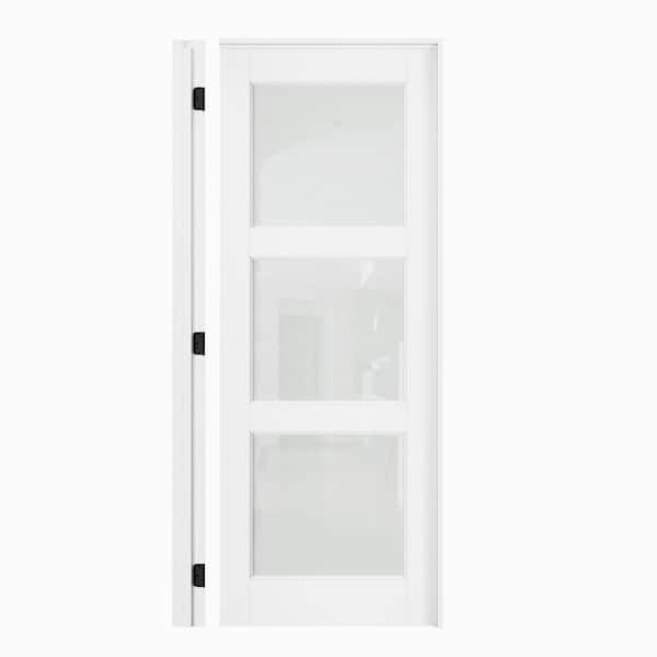 30 in. x 80 in. 3-Lite Frosted Glass Left Hand White Solid Core Glass Single Prehung Interior Door+ Quick Assemble Jamb