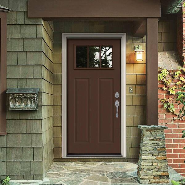 30 in. x 80 in. 3 Lite Craftsman Dark Chocolate Painted Steel Prehung Left-Hand Inswing Front Door w/Brickmould
