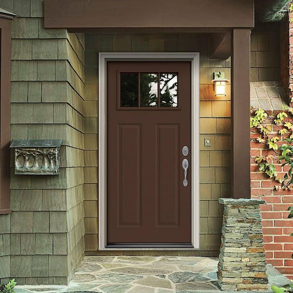 32 in. x 80 in. 3 Lite Craftsman Dark Chocolate Painted Steel Prehung Left-Hand Inswing Front Door w/Brickmould
