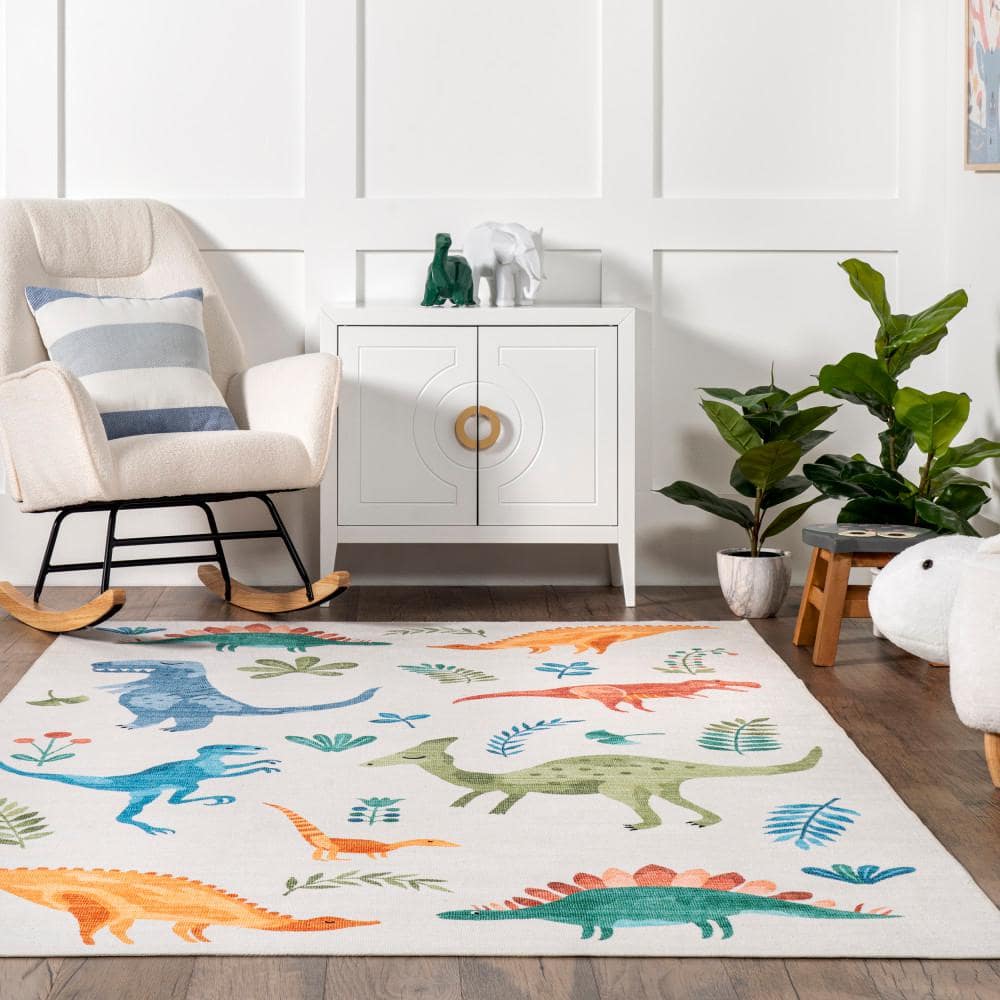 Eamon Dinosaur Graphic Multicolor Synthetic Kids Washable Area Rug