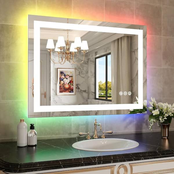KIOTEE 40 in. W x 32 in. H Rectangular Frameless LED Front Lit, RGB Backlit Anti-Fog Tempered Glass Wall Bathroom Vanity Mirror