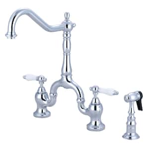 English Country Double Handle Deck Mount Bridge Kitchen Faucet with Brass Sprayer in Polished Chrome
